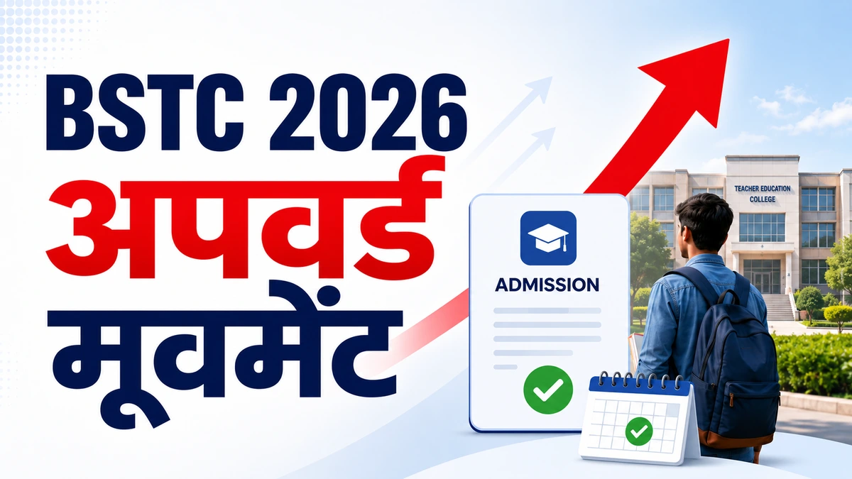 BSTC 2026 अपवर्ड मूवमेंट की जानकारी दिखाती फीचर इमेज, जिसमें छात्र, एडमिशन कार्ड, कैलेंडर और college बिल्डिंग दिखाई दे रही है।